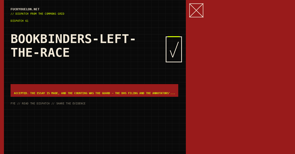 FYE dispatch cover for bookbinders-left-the-race