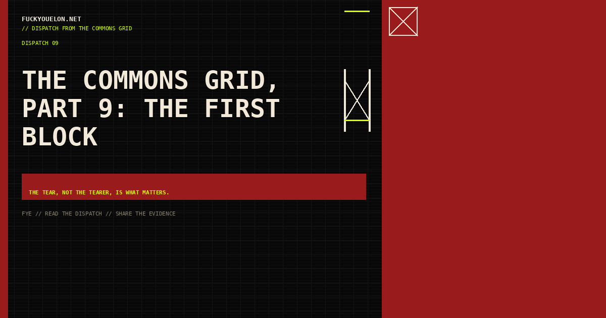 FYE dispatch cover for The Commons Grid, Part 9: The first block