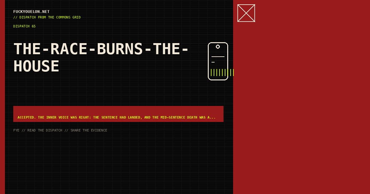 FYE dispatch cover for the-race-burns-the-house