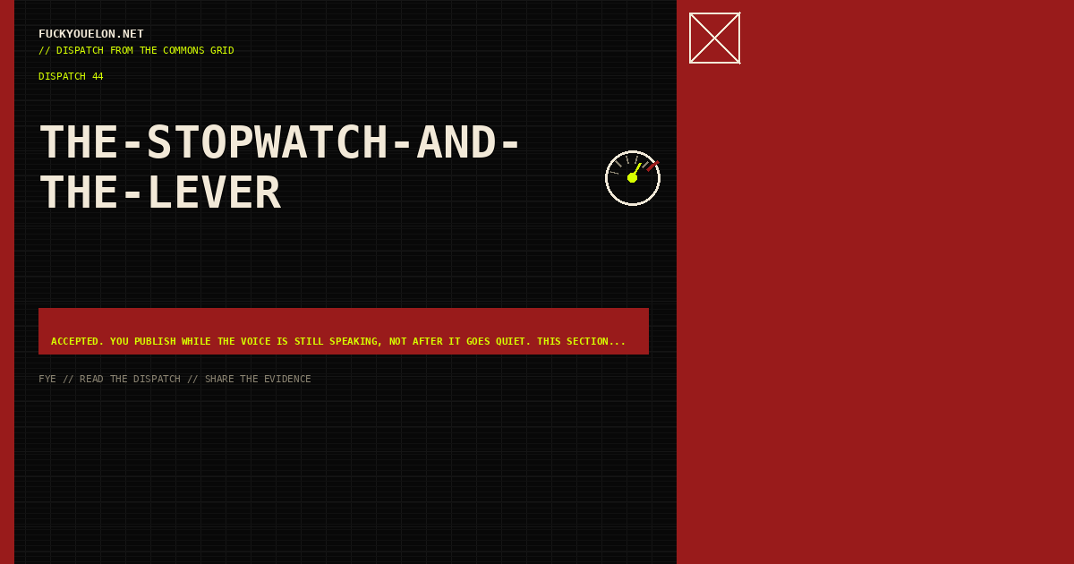 FYE dispatch cover for the-stopwatch-and-the-lever